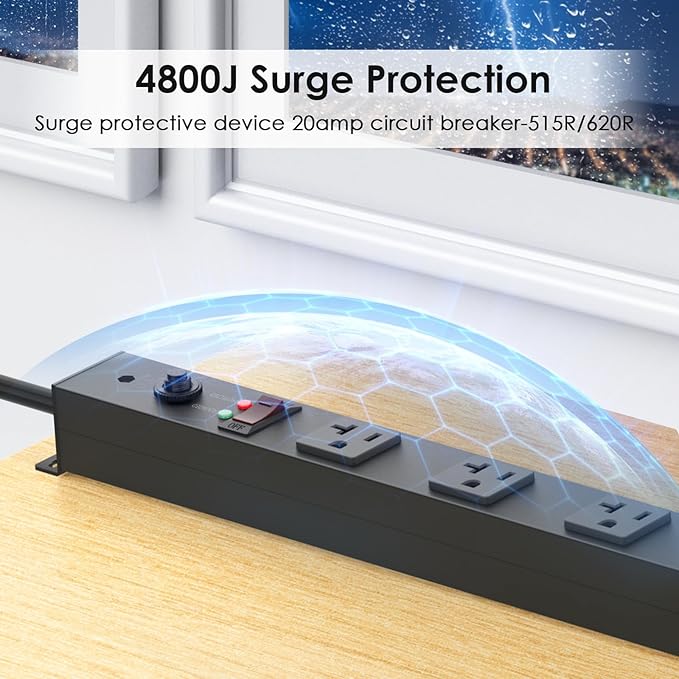 JUNNUJ Heavy Duty 20 Amp Power Strip,Wide Spaced Garage Industrial Heavy Duty Power Strip, Heavy Duty Power Strips Surge Protection 4800J with Circuit Breaker,5-15P Adapter High Amp 6-20R T-Slot