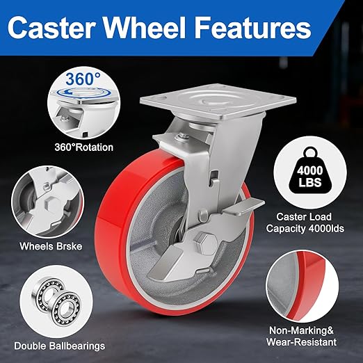 Nefish 6 Inch Industrial Casters Set of 4 Heavy Duty No Noise Polyurethane Wheel on Steel Hub, Workbench Casters with Brakes 4800 Lbs, Plate Swivel Casters for Toolbox Workbench (4 Swivel & Brakes)