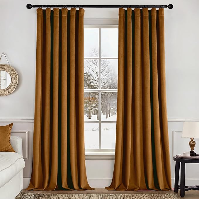MIULEE Velvet Curtains 96 Inches Long 2 Panels Set for Bedroom, Pinch Pleat Back Tab Thermal Insulated Living Room Darkening Drapes Pleated Blackout Floor to Ceiling Curtains with Hooks, Golden Brown
