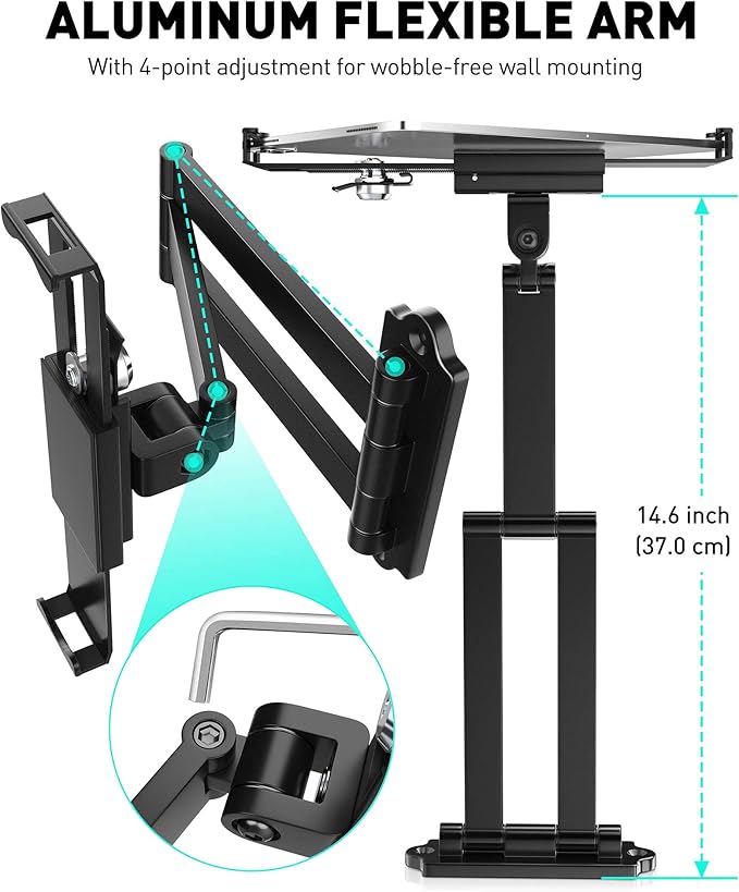 AboveTEK Tablet Wall Mount - 360° Rotation Tablet Holder Stand with Extension Arm, Anti-Theft Kitchen Mount Fits 7"-11" Tablets Including iPad Pro/Air/Mini, Galaxy Tab - Security Lock & Key - (Black)