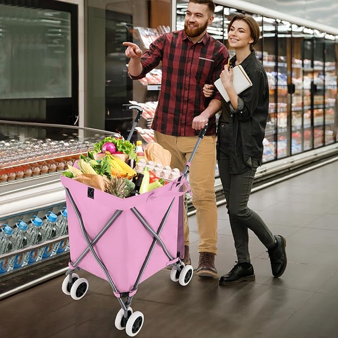 Goplus Folding Shopping Cart with Wheels, Grocery Cart with Removable Oxford Cloth Liner, Lightweight Utility Cart for Groceries Laundry, Pink