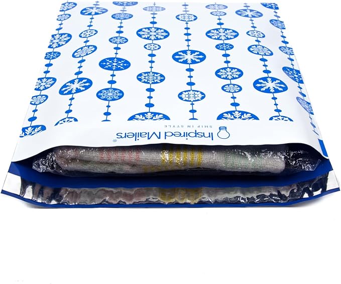 Inspired Mailers - Holiday Poly Mailers 10x13-100 Pack - Snowflake Baubles (Blue) - Mailing Envelopes - Christmas Mailers - Holiday Envelopes