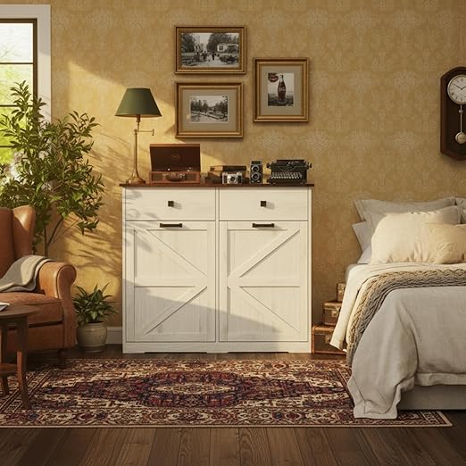 Farmhouse Dual Tilt Out Trash Can Cabinet, Holds 2 x 10 Gallon Bins Hidden Laundry Hamper Cabinet, with Hideaway Drawer Garbage Can Cabinet, Ideal for Kitchen & Laundry Room (Antique White)