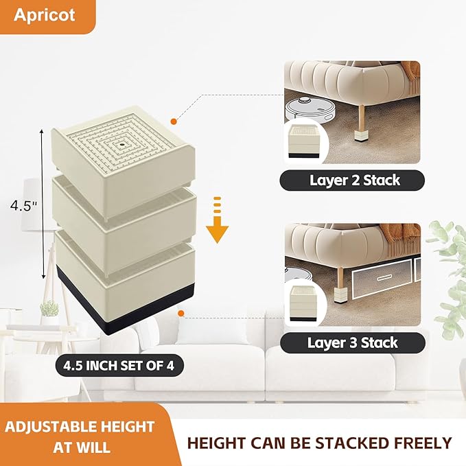 Bed Lifts Risers, Heavy Duty Furniture Elevator in Heights of 2, 3 or 4 Inch, Raising Blocks for Bed, Couch, Desk, Sofa, Tables, Headboard Stilts (Beige, 4 Pack Set)
