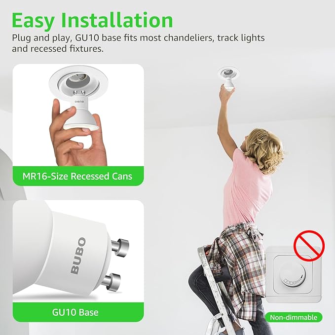 BUBO GU10 LED Bulb 6W Equivalent 50W, 4000K Cool White 650 Lumens, Non-Dimmable GU10 Bulb Replacement for Track Lighting, MR16 LED Bulb for Kitchen, Range Hood, Living Room, Bedroom, 6 Pack