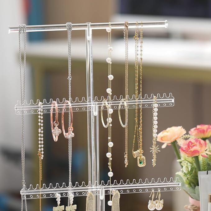 Premium Jewelry Stand, Earring Holder, Necklace Holder Stand, Clear 3-Tier Acrylic Large Storage Jewelry Organizer Stand & Bracelet/Bangles Stand, 48 Earring Holes Display Stands