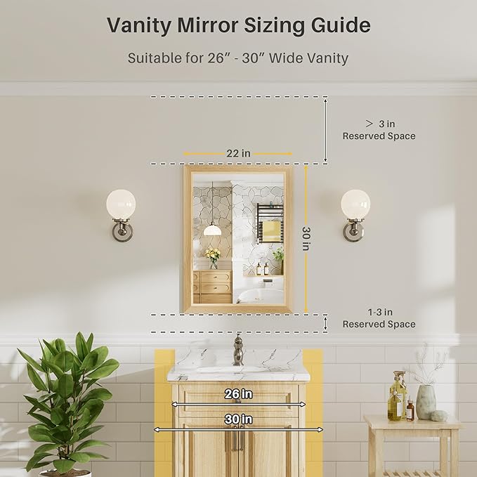 22x30 Inch Bathroom Mirror for Wall, Anti-Rust Oak Wood Grain Metal Framed Bathroom Mirrors for Over Sink,Rectangler Mirrors for Bathroom Vanity, Farmhouse, Bedroom, Living Room, Entryway Decor