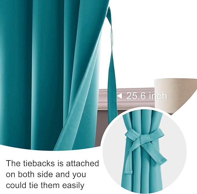 JIUZHEN Blackout Curtains for Bedroom - Thermal Insulated Room Darkening Noise Reducing, 70 x 63 Inch Length Curtains for Living Room, Set of 2 Panels with Tiebacks,Turquoise