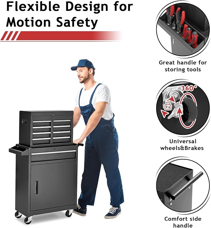 Tool Chest,5-Drawer Rolling Tool Storage Cabinet with Enhanced Packaging, Detachable Top Tool Box, Metal Tool Cart for Garage Workshop,Black, ATC001BK