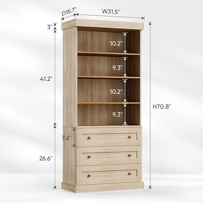 Vyre 71" Tall Farmhouse Bookshelves with Drawers, Set of 3 – Large Modular Bookcase with Adjustable Shelves, Storage Cabinet for Living Room, Kitchen, Home Office, Brown