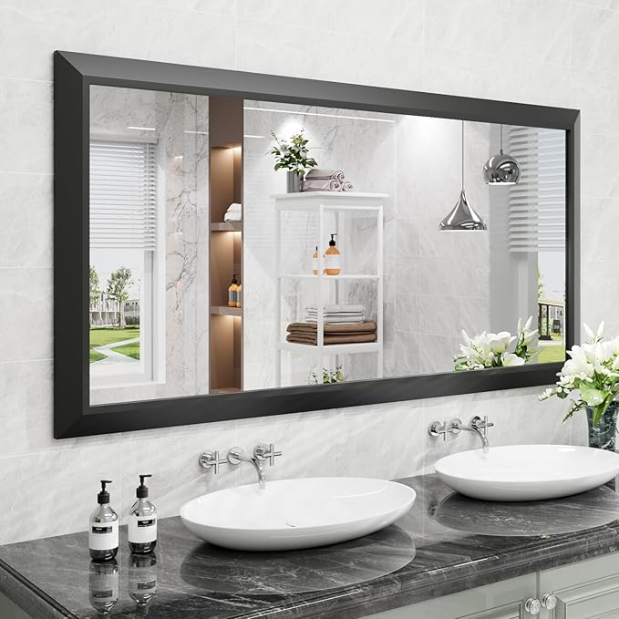 Amorho Bathroom Mirror Black, 60 X30 Inch Thick Metal Framed Wall Mirrors for Over 2 Sinks, Bedroom, Living Room, Entryway, Large Rectangle Wall-Mounted Mirrors.