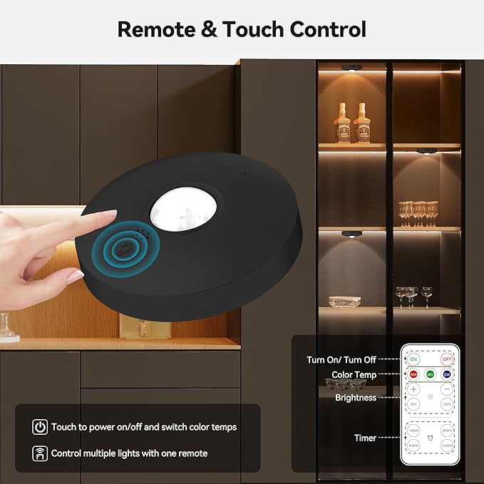 Yiliaw Rechargeable Puck Lights with Remote, 6 Pack Magnetic Under Cabinet Lighting, 1500mAh Battery Operated LED Tap Lights with Dimmer & Timmer for Kitchen, Closet, Shelf - 3 Color Temps, Black