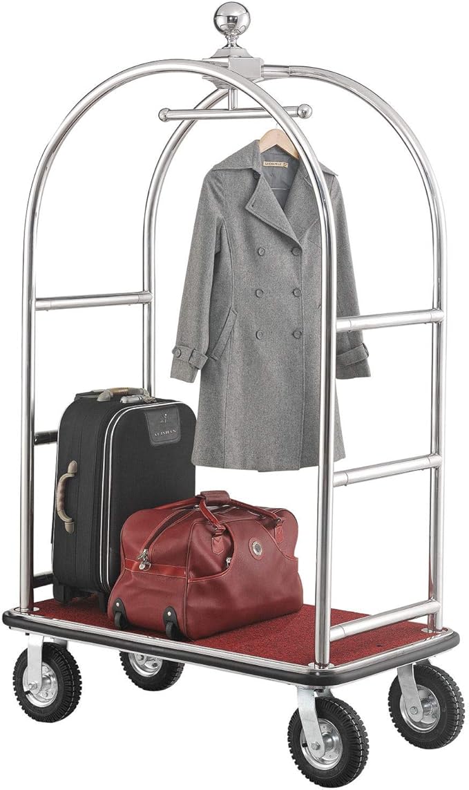 Global Industrial Silver Stainless Steel Bellman Cart Curved Uprights 8" Pneumatic Casters, 41-1/4"L x 24" W x 75" H, Hotel Luggage Cart for Commercial Use, Condos, Resorts