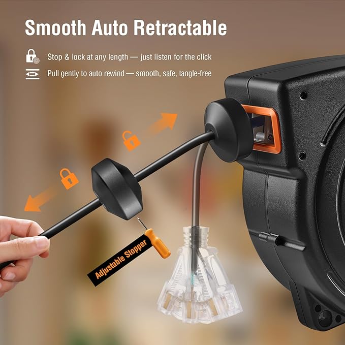 SURAIELEC 50FT Retractable Extension Cord Reel, 14AWG/3C SJTOW Heavy Duty Power Cord with Lighted Triple Tap, 13A Circuit Breaker, Ceiling/Wall Mount for Garage, Shop, Workshop, ETL Listed, Orange