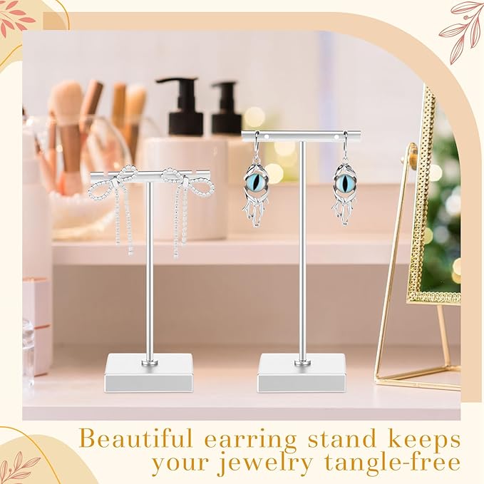 Kigeli 6 Pack Metal T Bar Earring Display Stand Retail Earring Display Holder Detachable Metal Earring Display Storage Rack Jewelry Photography Prop, Square Base, Height 4.3" and 5.1" (Silver)