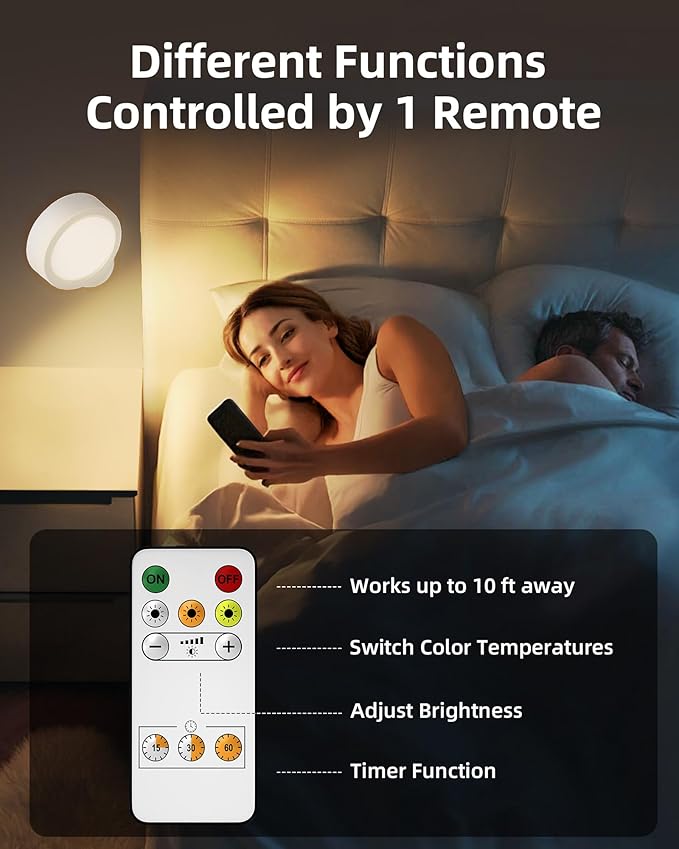 EZVALO LED Wall Mounted Lights, 5500mAh Rechargeable Wall Sconces Lamp, 3 Color Temps & Remote and Touch Control, 360°Rotation Dimmable Cordless Wall Light for Bedroom (3 Pack White)