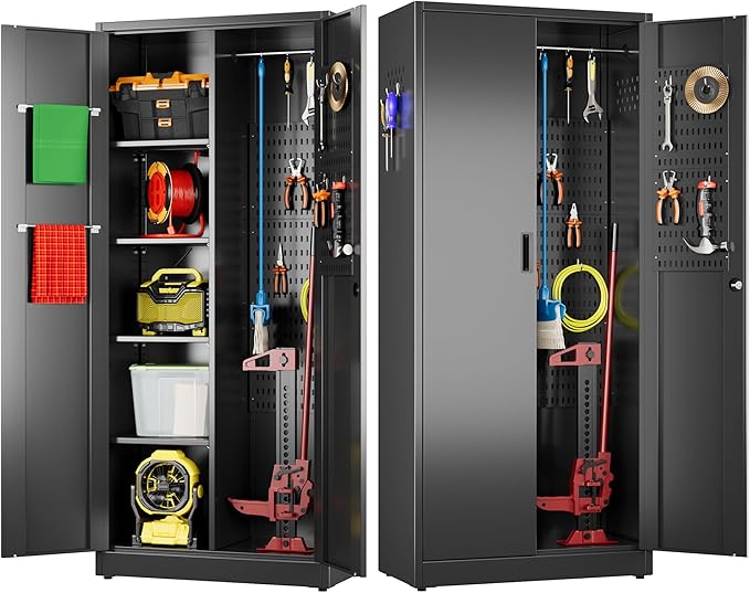 33.93 in Wide Garage Storage Cabinet, Metal Storage Cabinet with Pegboards and 4 Adjustable Shelves, Garage Storage System with Lockable Door for Offices, Gyms and Pantries, Black