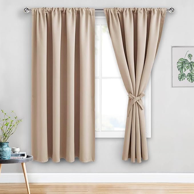 JIUZHEN Blackout Curtains for Bedroom - Thermal Insulated Room Darkening Noise Reducing, 52 x 63 Inch Length Curtains for Living Room, Set of 2 Panels with Tiebacks, Beige