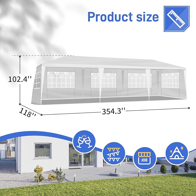 10x30 FT Party Tent, Outdoor Wedding Tents for Parties, Canopy Event Tent with 5 Removable Sidewalls, Waterproof Gazebo Shelter for Birthday Parties, Weddings, BBQs & Events (10X30FT-5Sides White)