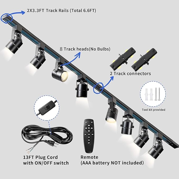 Plug in Track Lighting with Power Cord, 8-Light LED Track Lighting Kit with 6.6FT H Type Track Lighting Rails, Modern Kitchen LED Track Lighting Fixtures Ceiling Spot Light, Black