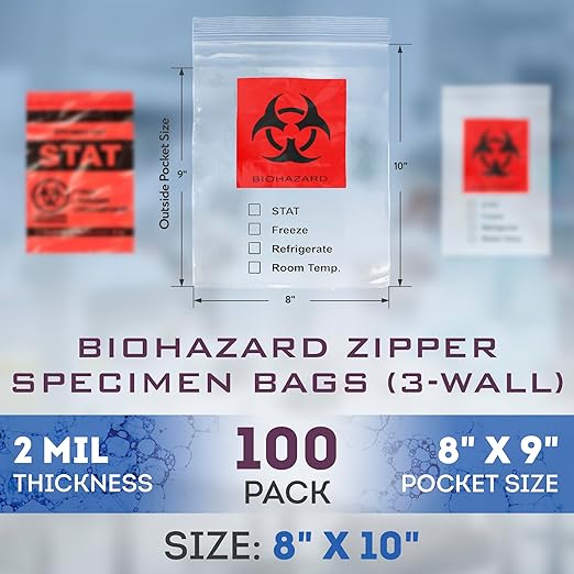 APQ Biohazard Specimen Bags 8 x 10 Inches. Pack of 100 Clear and Red Specimen Biohazard Bag. 3 Wall Waterproof Biohazard Specimen Bag. 2 Mil Thick Durable Biohazard Specimen Transport Bag with Zipper