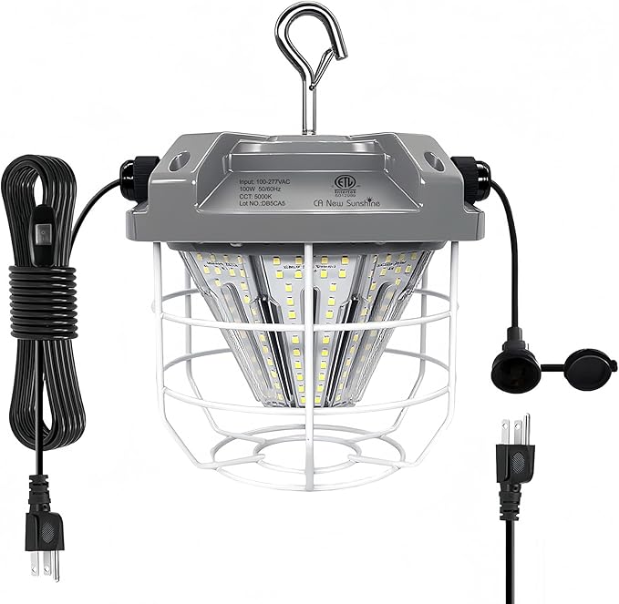 LED Temporary Work Light 100W, 15000 Lumen Construction Light, 5000K Daylight White, IP65 Waterproof Dustproof, Portable Hanging Lighting for Jobsite Workshop High Bay and Damp Locations