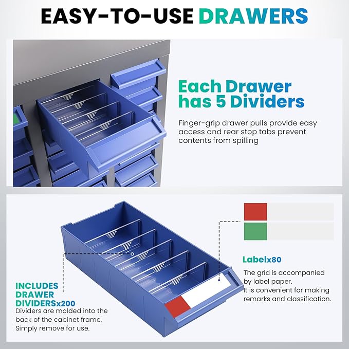 40-Drawer - Nut and Bolt Organizer | Stainless Steel Part Storage Cabinet | Shelves & Labels | Each Drawer 3.9" D x 7.8W x 2" H | Durable Hardware Storage for Small Parts/Tool (Classroom, Home)