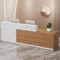 PLMOKN Wood Reception Desk Marble Stone with Checkout Retail Counter L Shaped Modern Mostrador para Negocio Office Desk Closed Front with Storage Drawers for Barber,Salon,Clothing Store