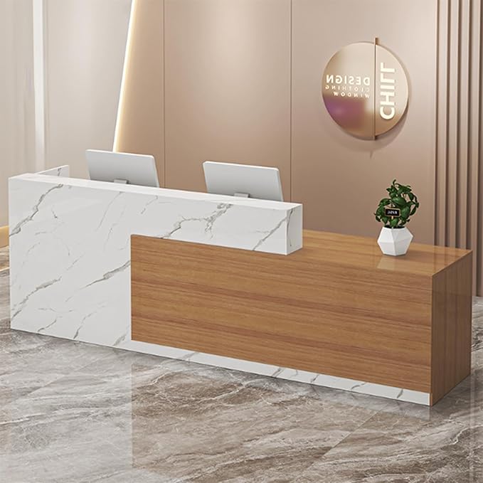 PLMOKN Wood Reception Desk Marble Stone with Checkout Retail Counter L Shaped Modern Mostrador para Negocio Office Desk Closed Front with Storage Drawers for Barber,Salon,Clothing Store