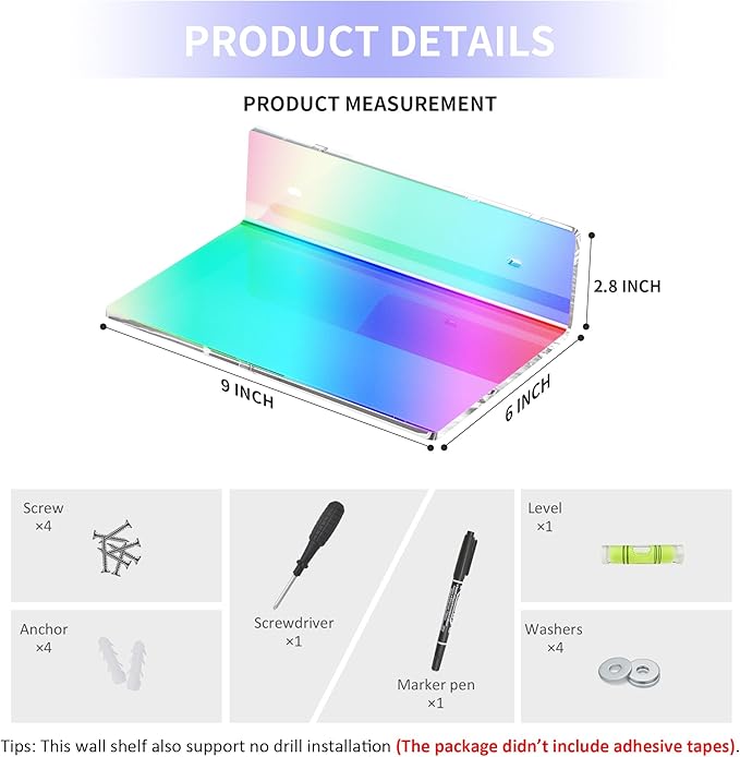 9 Inches Iridescent Floating Shelves Acrylic, White Wall Shelves for Living Room Décor, Bedroom, Bathroom, Kitchen, Dining Room, Brand Store, Retails, Gaming Room, 2 Pack