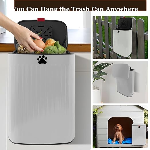 Dog Waste Trash Can Wall Mounted, 2.1Gal Small Outdoor Trash Can with Lid, Hanging on Fence, Dog Poop Bucket with 40 Bags, Inner Waste Bin, White