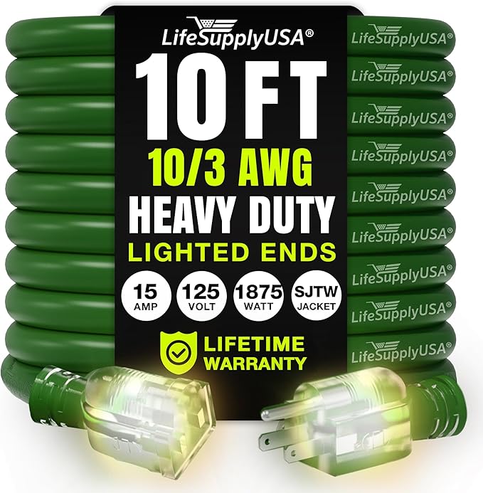 10ft Outdoor/Indoor Extension Cord 10/3 Gauge Ultra Heavy Duty 3 Prong SJTW, Waterproof, Flexible Cold-Resistant Long Power Cord,15A 125V 1875W, Green by LifeSupplyUSA