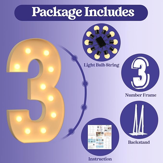 4FT Large Light Up Numbers, Giant Marquee Numbers 3 for 3rd 13rd 30th Birthday Decorations, Big Light Up Numbers for Party Anniversary, Marquee Letters Pre-Cut Mosaic Numbers for Balloons