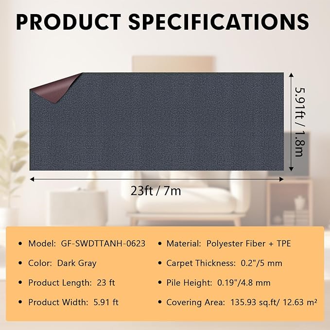 Marine Carpet,6 FT x 23 FT Dark Gray Indoor Outdoor Carpet 0.2" Thick Boat Carpet with Water-Proof TPE Backing, Non-Slide Outdoor Marine Carpet Roll for Home, Patio, Porch, Deck