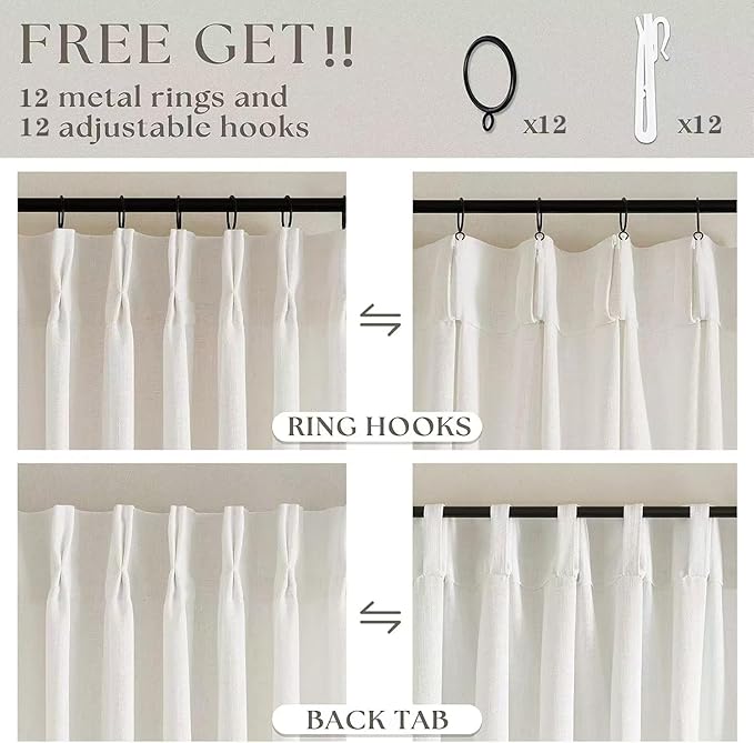 Extra Wide Pinch Pleat Curtains 120 Inches Long for Patio Sliding Glass Door Natural Linen 60 Inch Wide Curtain Memory Trained Pleated Drapes Hooks Rings 60x120 Curtain for Large Window 1 Panel