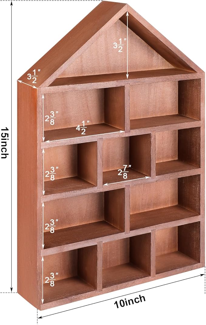 House Shaped Wooden Shadow Cubby Box 10 W x 2 1/4 D x 15 H Hanging Display Shelf Organizer Wall Mounted Curio Cabinet Wooden Display Case Miniature Shelf for Figures(Brown)