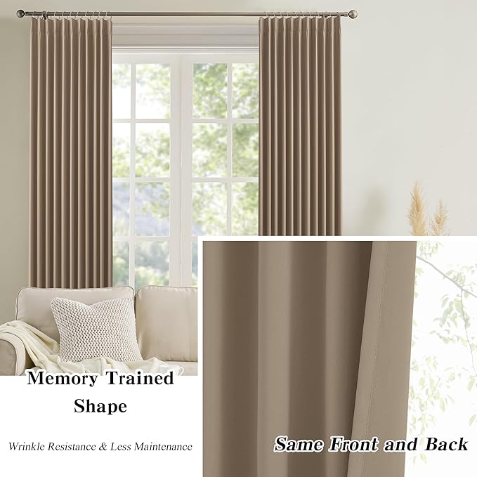 80 Inch Wide Black Pinch Pleated Curtains 80 x 120, Thermal Insulated Noise Cancelling Living Room Office Drapes 120 Inches Long, Patio Sliding Glass Door Window Curtain 2 Panels, Cappuccino