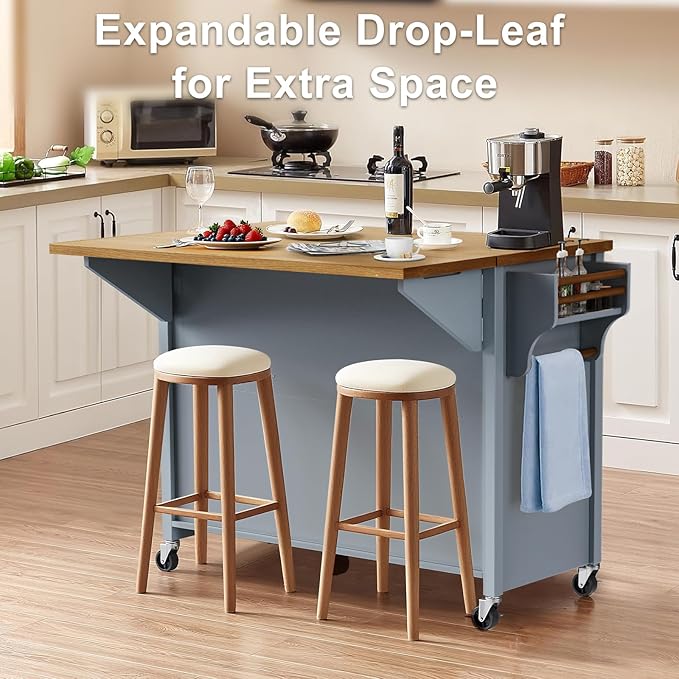 52" Retro Kitchen Island with Storage, Embossed Texture Kitchen Island on Wheels with Drop Leaf, Adjustable Shelf & Oak Veneer Tabletop, Spice/Towel Rack, Blue