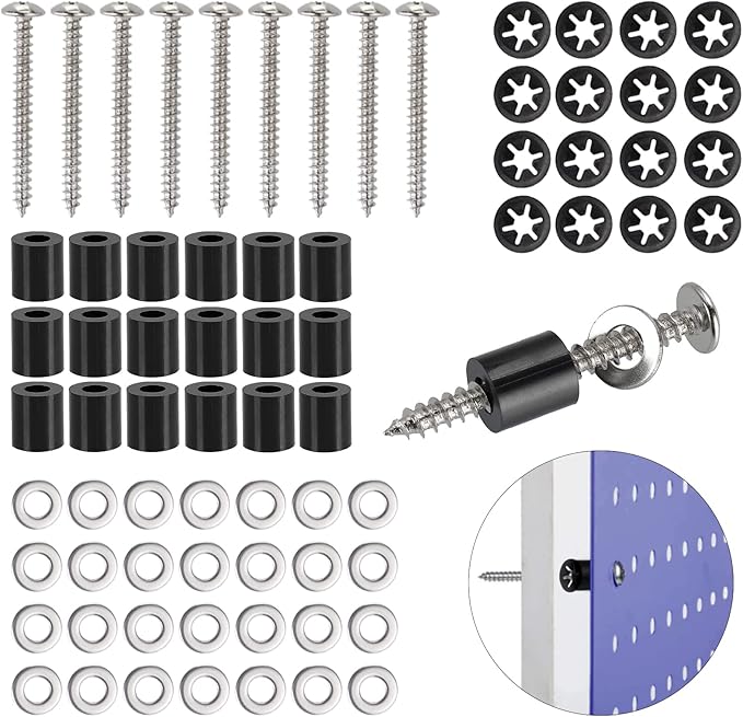 43 Set (172Pcs) Pegboard Mounting spacers and Screws Kit, Peg Boards Installation Hardware Accessories. Include Sturdy Screws, Spacers,Washers and Lock Clips for 1/8 Inch and 1/4 Inch Pegboard