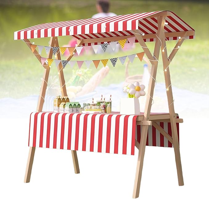 Collapsible Mobile Market Stall Carts Vendor on Wheels, Wood Outdoor Vendor Cart, Easy to Assemble for Parties, Birthdays, Weddings, Bar(Red2,120cm/47.2in)