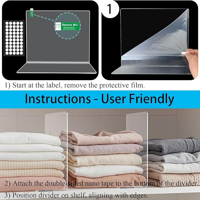 Acrylic Shelf Dividers for Closet Organization: 10" Tall x 12" Deep Closet Shelf Divider for Clothes Sweater Purse - Clear Closet Organizers and Storage Separators for Shelves, 6Pack