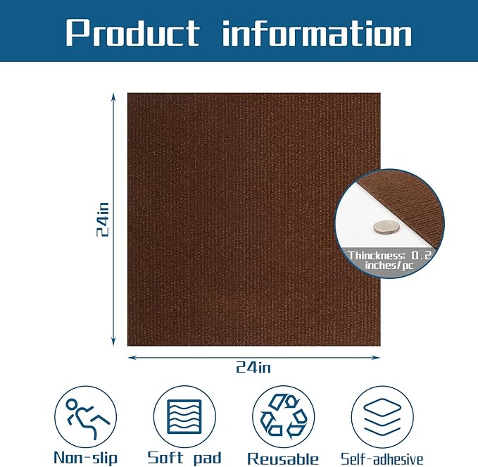 Peel and Stick Carpet Squares 24" x 24", Self Adhesive Non-Slip Carpet Tiles, Peel and Stick Soft Padded Carpet Tiles for Kitchen Bedrooms Indoor Outdoor(10 Tiles/40 sq ft)