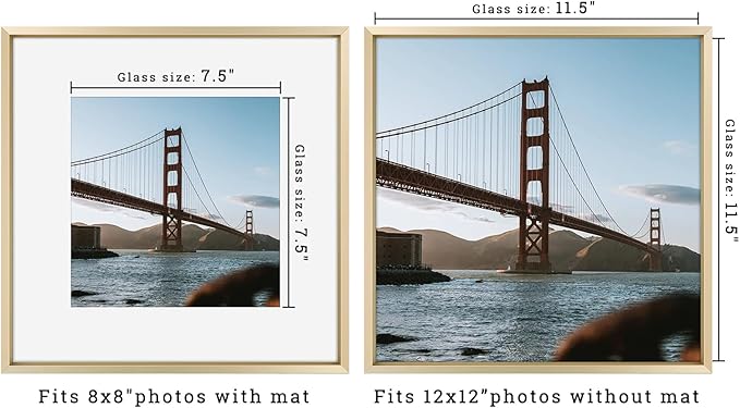 Frametory, 12x12 Metal Picture Frame with Mat for 8x8 Picture & Real Glass, Aluminum Photo Frame Collection (Gold, 1 Pack)