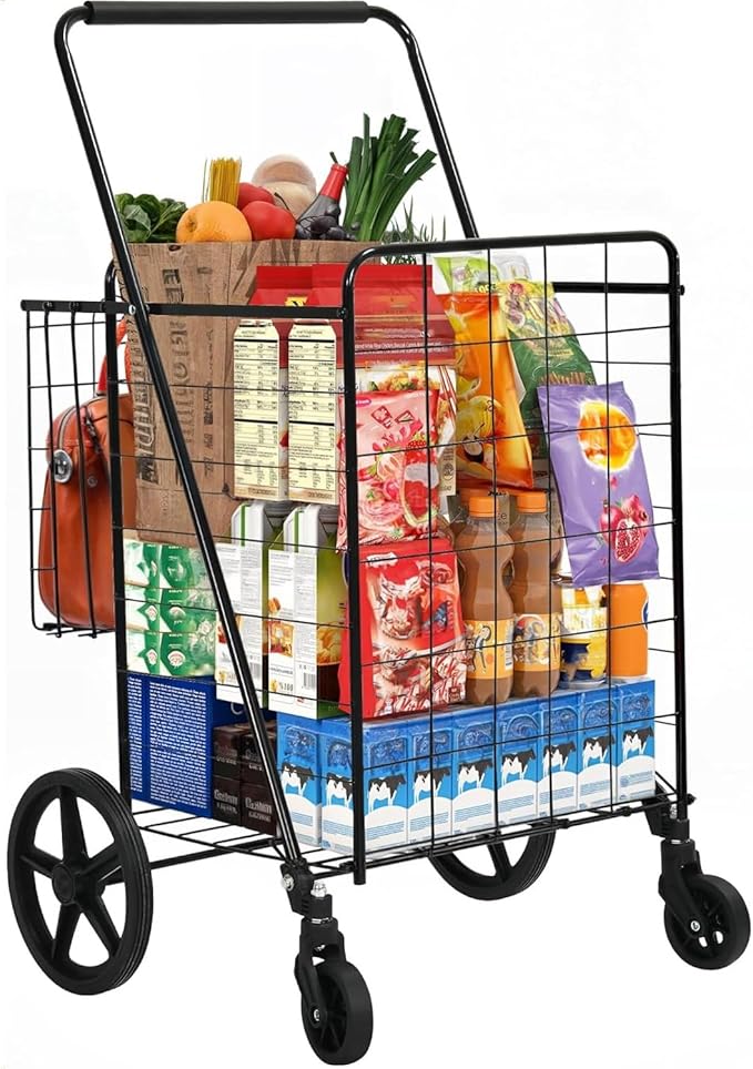 YITAHOME Folding Shopping Cart with Wheels, Rolling Foldable Grocery Cart with Versatile Rear Basket, Portable Collapsible Utility Cart for Shopping Groceries Laundry Storage Organizer