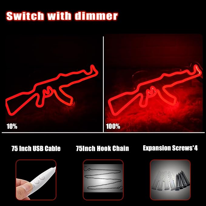 Gun Neon Sign for Wall Decor LED Light Up Sign for Gun Room Accessories Man Cave Lamp Wall Art Gift 16.5"×6.3"
