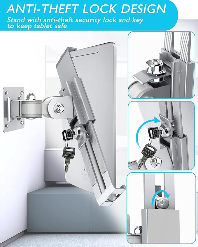 iPad Wall Mount, Security Anti-Theft Tablet Wall Mount Holder with Lock and Keys, 360° Swivel iPad Pro Mount, Compatible with 7-11 Inch Tablets (iPad, Galaxy Tab, Slate, Fire) – Silver