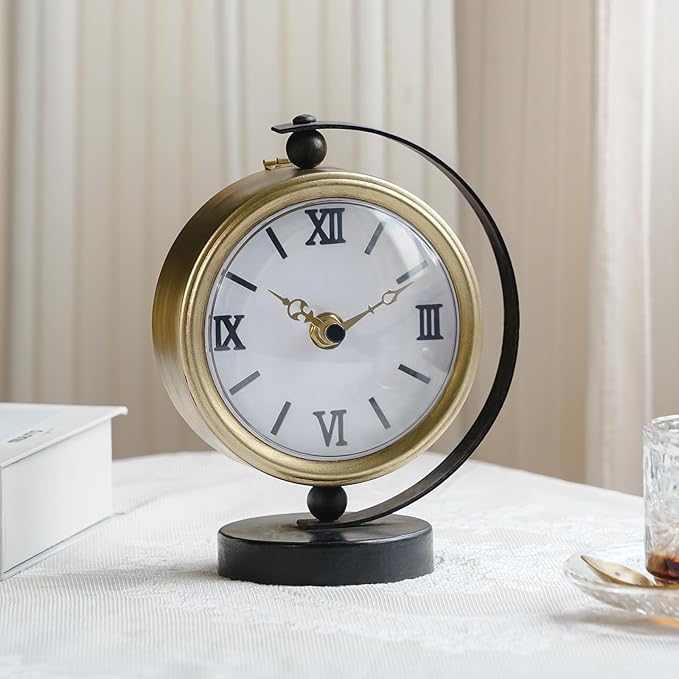 NIKKY HOME Gold Table Clock, Vintage Desk Clock Silent Non-Ticking Battery Operated Decorative Mantel Desk Shelf Clock for Living Room Decor
