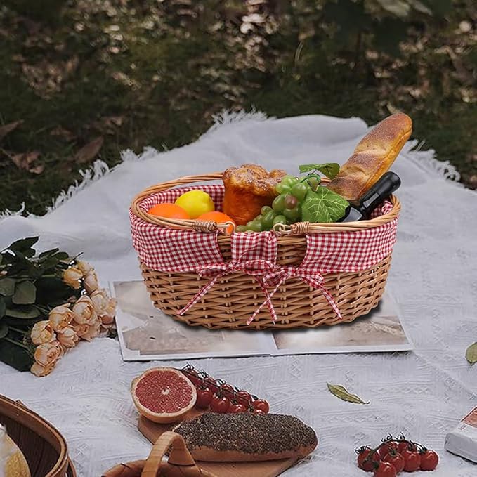 Large Wicker Picnic Basket with Handles,Handle Sturdy Woven Body with Removable and Washable Lining,Outdoor Camping,Gift Packing,Garden Picking, Storage.red
