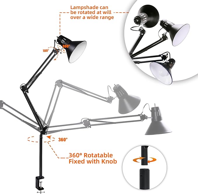 Desk Lamp for Home Office Eye-Caring Metal Extra Tall Swing Arm High Intensity Clamp Flexible Gooseneck w/A19 E26 LED Bulb Side Table Working Reading Architect Computer Workbench Puzzle Warm Light
