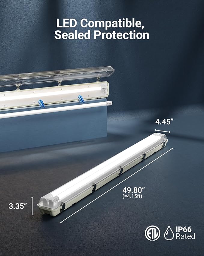 Sunco LED Ready Fixture for Garage Ceiling, 4ft Shop Lights Holds 2 LED Tube Lights, Non-Dimmable, Surface Mount, Works with Type B and Hybrid Tubes, 120-277V, Wet Rated ETL 2 Pack